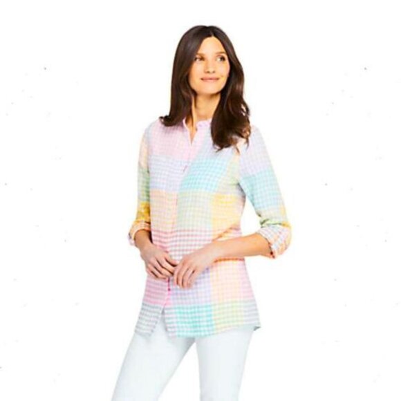 Lands’ End 100% Linen Roll Sleeve Tunic Top Shirt White Rainbow Plaid  Small 6-8 - Picture 1 of 12